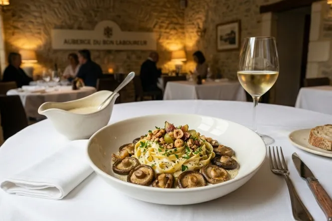 Tagliatelle with Sainte-Maure cream, shiitake and grilled fruit