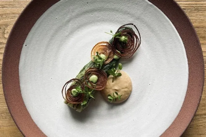 Two-cooked lettuce, herb mayonnaise, soubise sauce