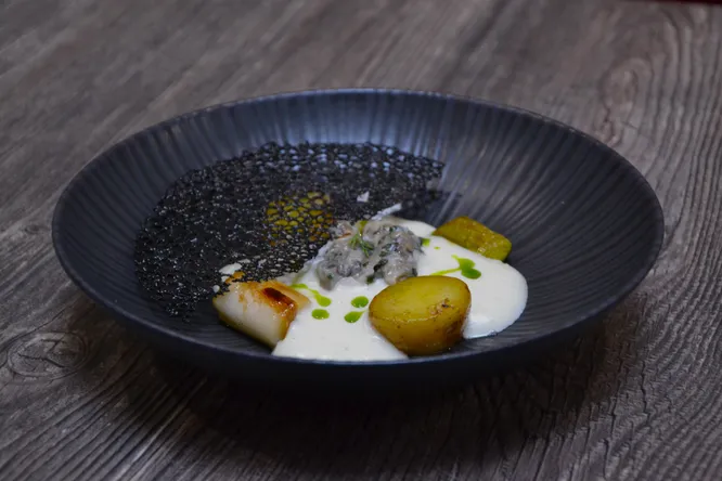 Citrus oyster tartar with smoked potato cream