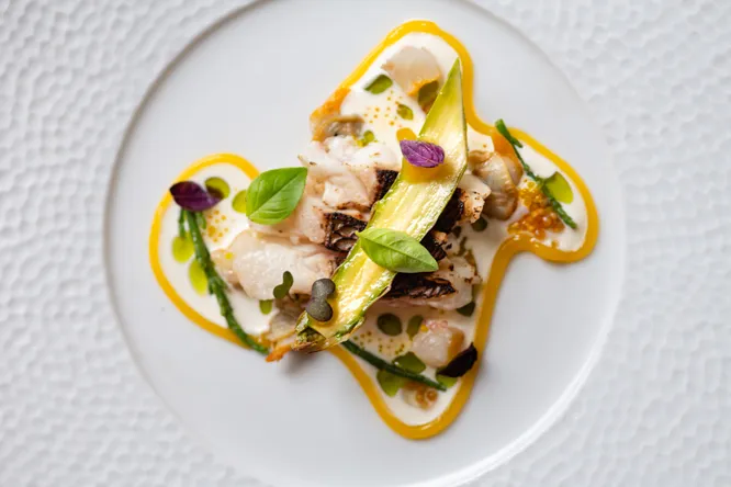 Pagre à la flamme, cream of haddock and kalamansi