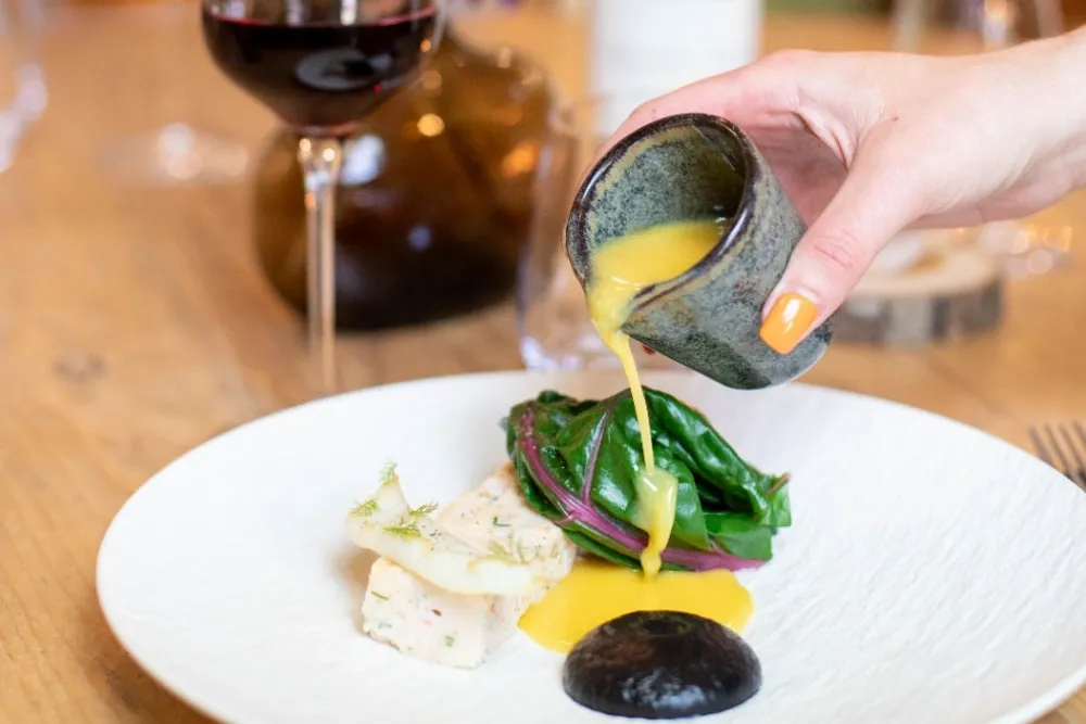 Cuttlefish breasts, gambas mousseline, beet and beurre blanc