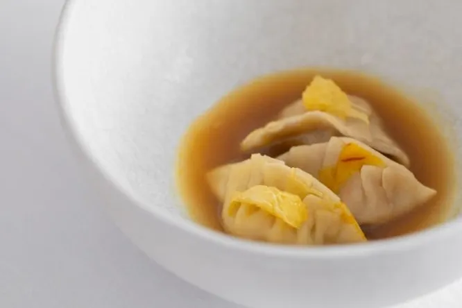 Steamed ravioli with saffron squash & natsudaidai