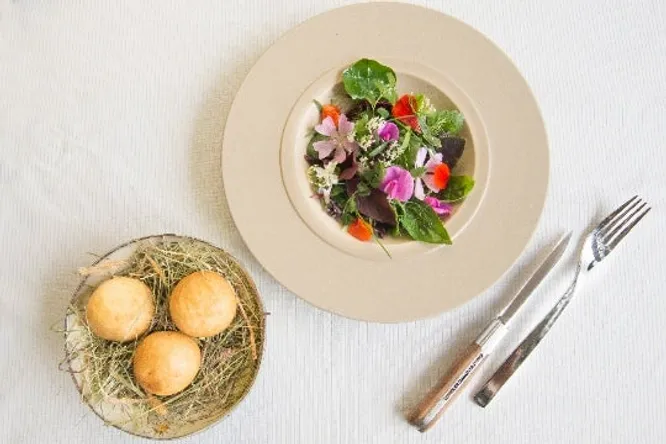 Beignets au cantal fumé au foin, mesclun de salades & herbes