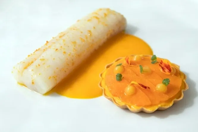 Whiting, butternut tartlet, pumpkin-mandarin juice