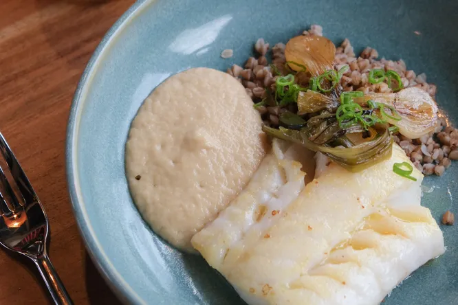 Cod meunière, soubise and kasha stew