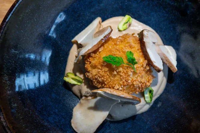 Textured Bordeaux cep and poached-fried egg