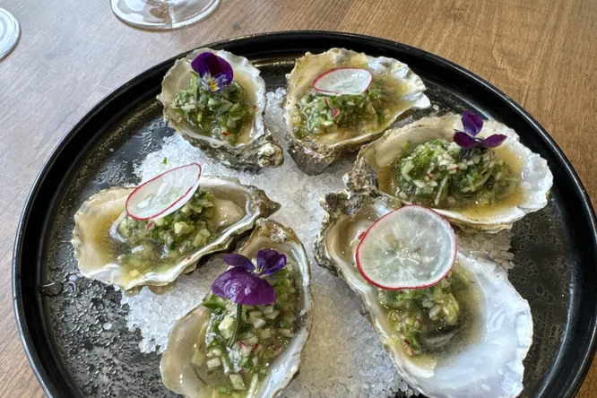 Oysters with cucumber, Granny Smith apple and radish condiment