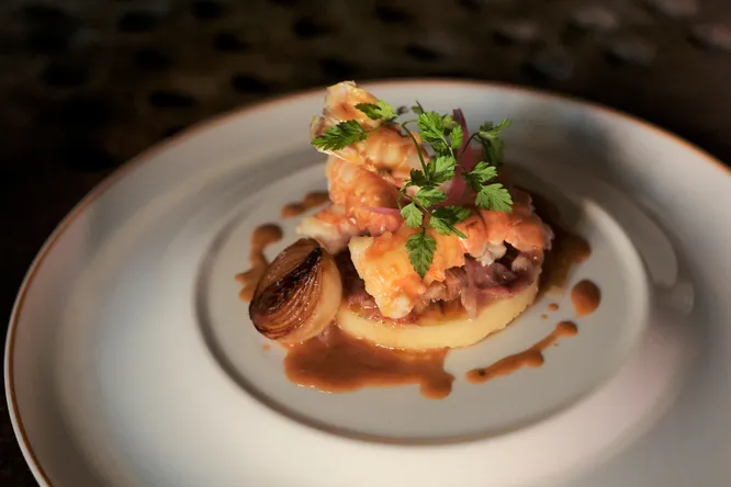 Snacked langoustines and crispy pig's trotters