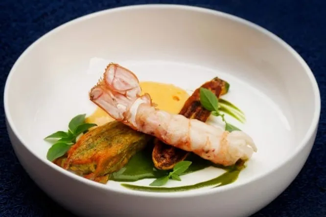 Langoustine, zucchini flower and basil