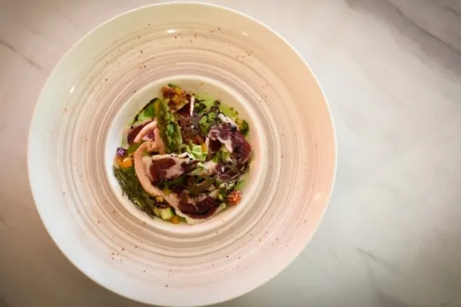 Royale of asparagus, octopus in virgin vinaigrette & paleta ham