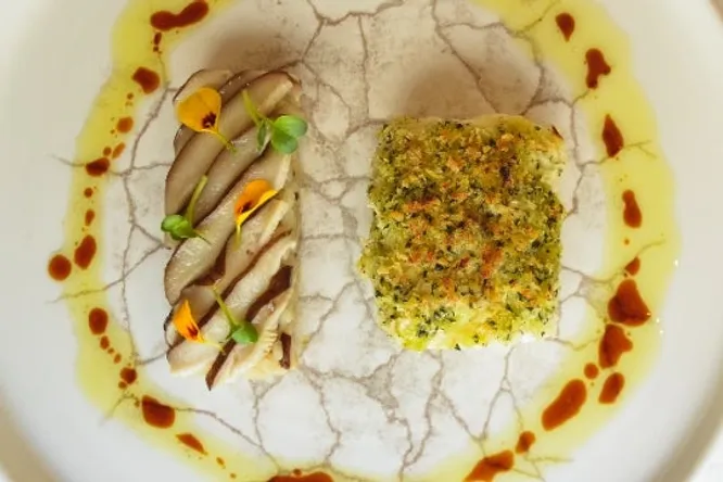 Lotte à la diable, panko shiso, risotto shiitaké